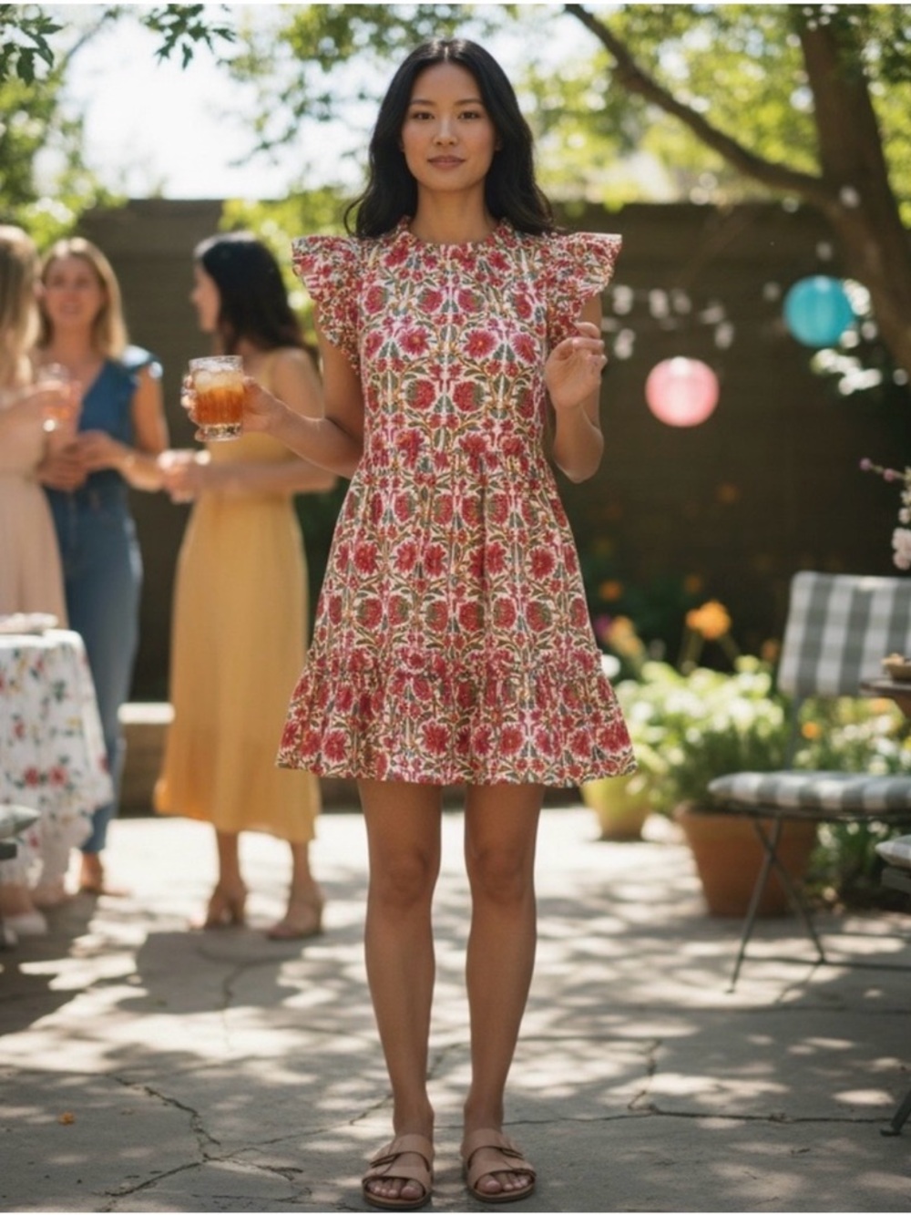 Caroline Constas Raspberry Floral Ruffled Spring Party Guest Dress Cotton Size M